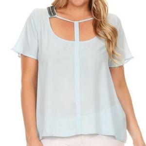 Sheer Light Blue Top with Dazzled Neck Plus size